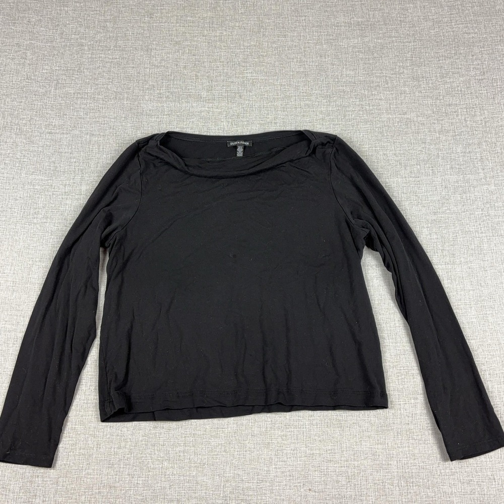 Eileen Fisher Shirt Womens L Black Round Neck Long Sleeve Jersey Top Lightweight